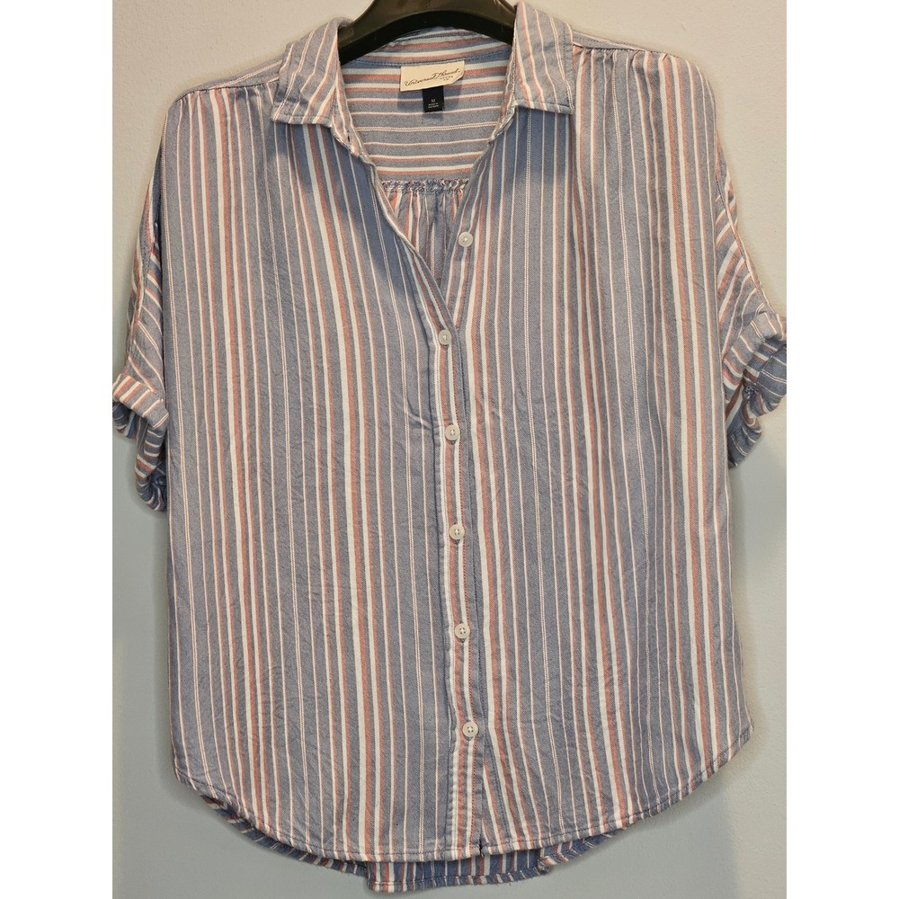Universal Thread Blue Orange Striped Rayon Short Sleeve Button Down Shirt Mens M